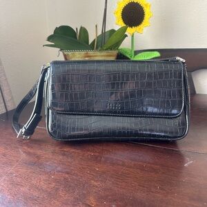 Black Croc-Embossed Shoulder Bag with Adjustable Strap Faux Leather